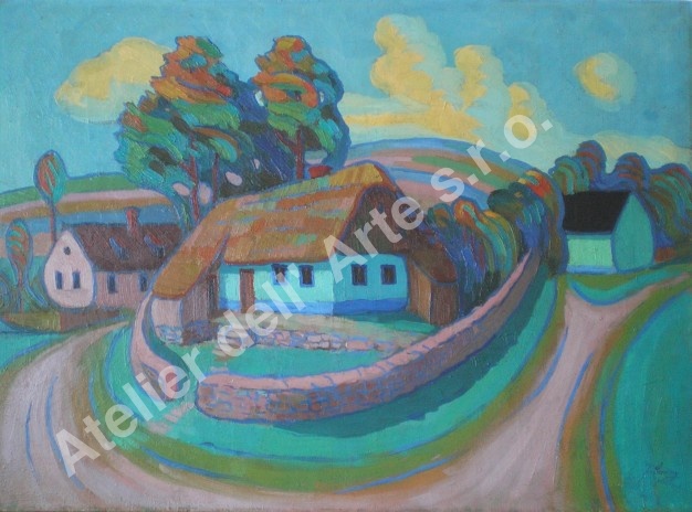 Moderní krajina České chaloupky-stav po retuši a zafixování povrchu malby - Atelier dell' Arte 