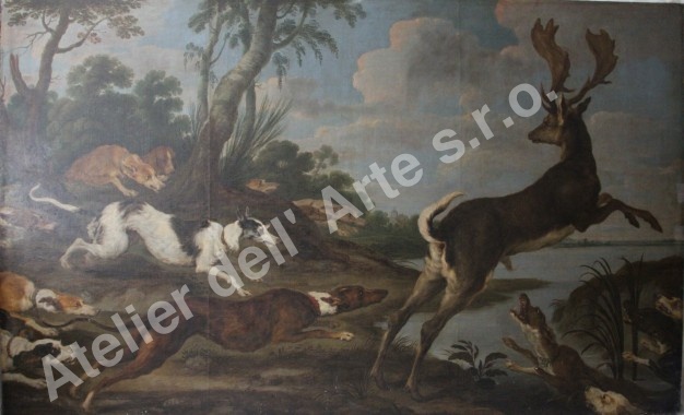 Obraz ze zámku Hluboká nad Vltavou Hon na daňka stav před restaurováním - Atelier dell' Arte s.