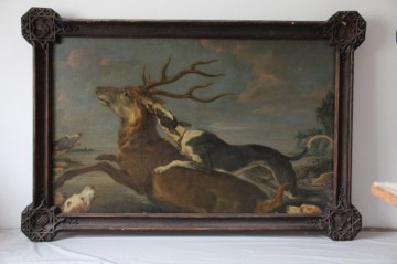 Obraz ze zámku Hluboká nad Vltavou Hon na jelena - stav před restaurováním  Atelier dell' Arte 